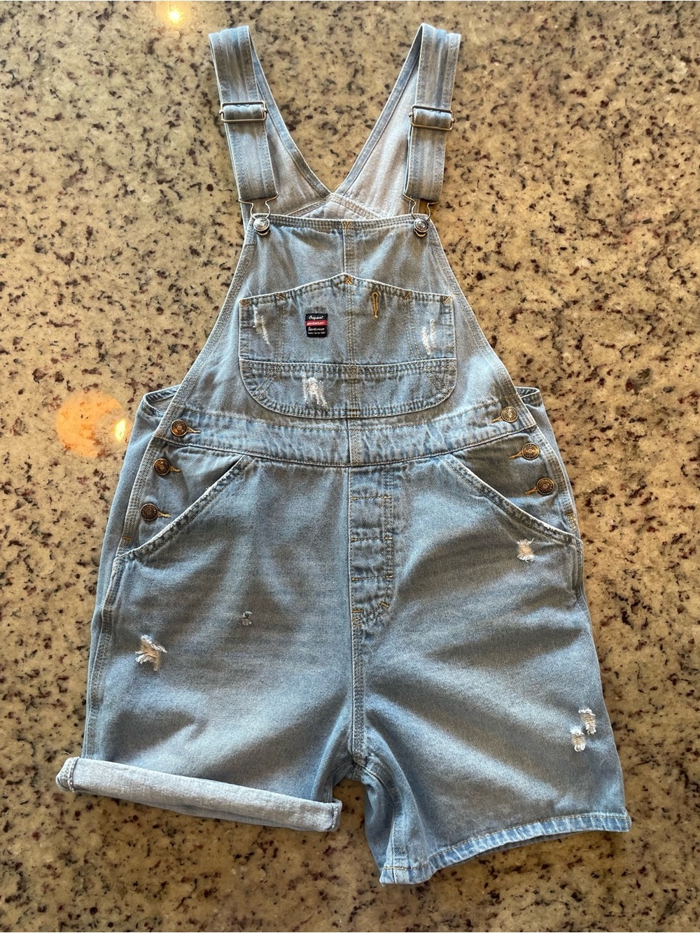 Vintage Y2K 100% cotton light Wash Distressed Denim Short Overalls S